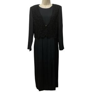 Vintage 90s Black Dress Lace Vest Midi 10P Made USA Victorian Whimsigoth